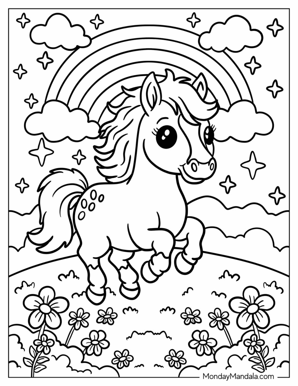 Pretty Little Horse Coloring Page in a Flower Field with Rainbow in the Sky for Preschoolers