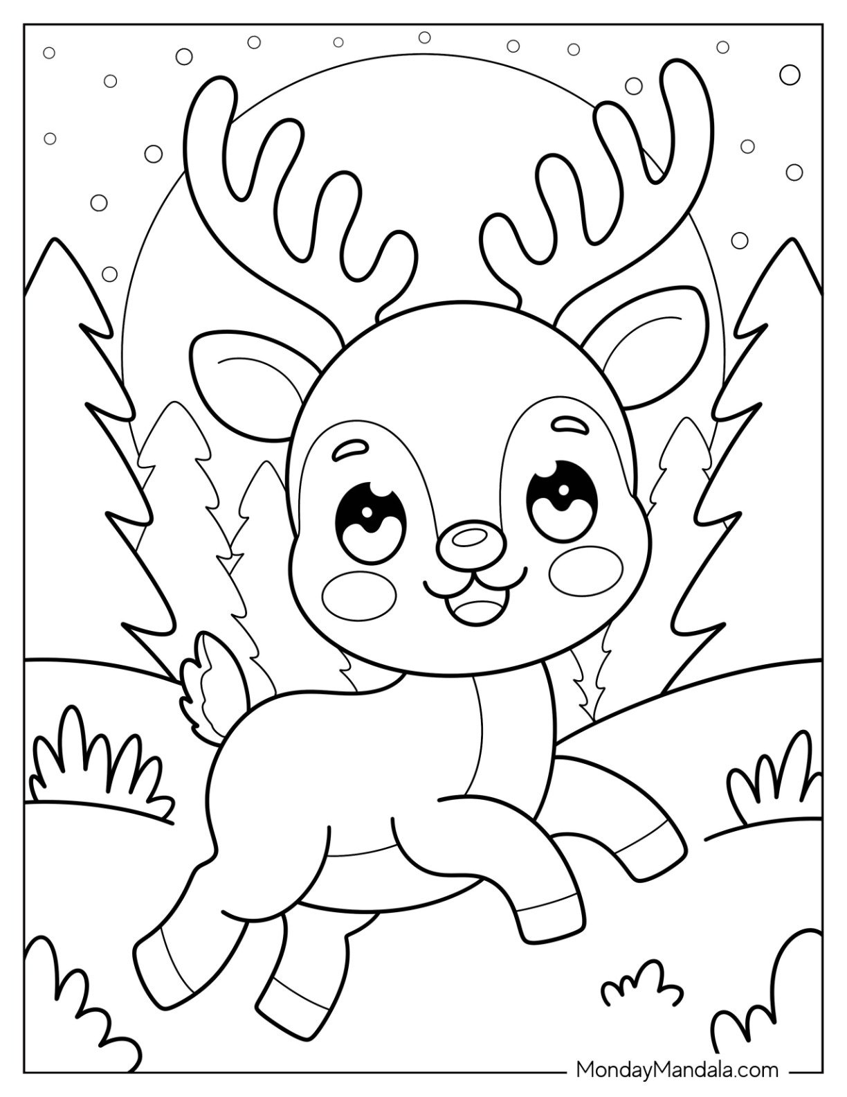 Pretty Little Reindeer Trotting in a Snowy Forest Coloring Page for Preschoolers