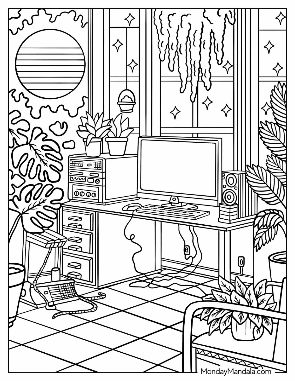Lofi Coloring Page of Pretty Office with Plants, Computer, and Sparkles
