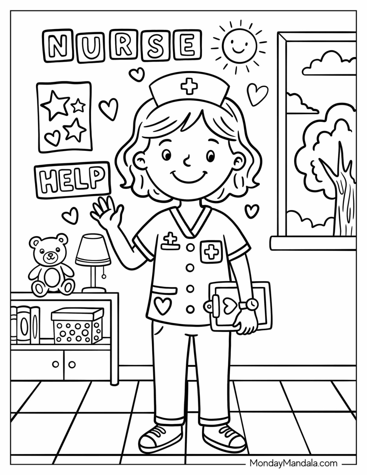 Pretty Nurse with Medical Chart Waving in a Children s Play Room