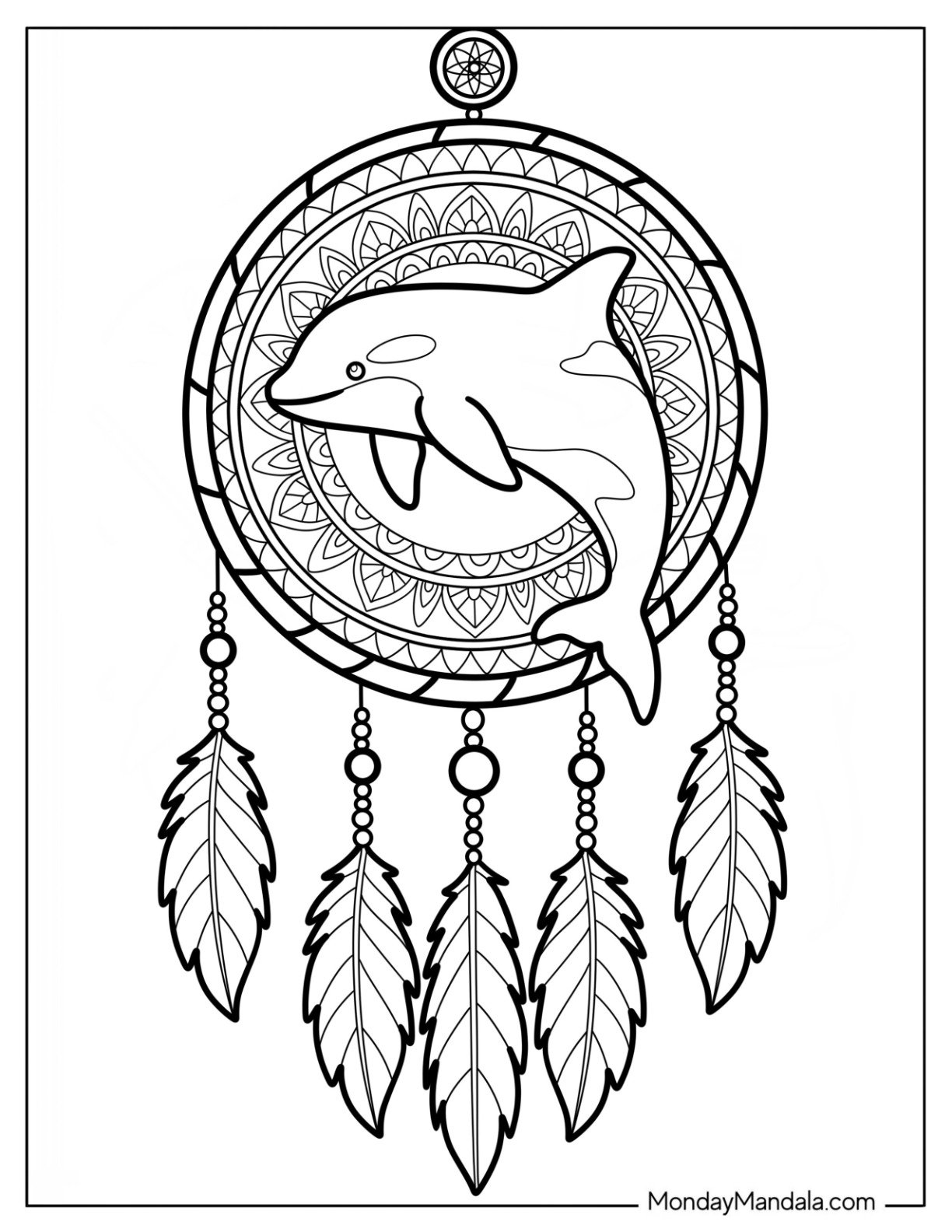 Pretty Orca in Dreamcatcher Mandala Coloring Page for Kids