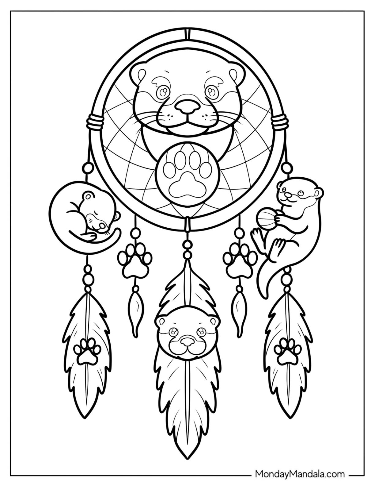 Pretty Otter Coloring Page Dreamcatcher with Feathers