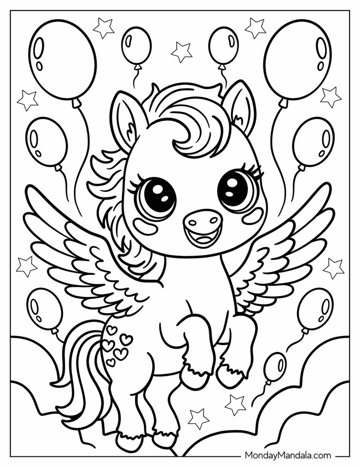 Pretty Pegasus Coloring Page with Heart Markings and Floating Balloons For Preschoolers