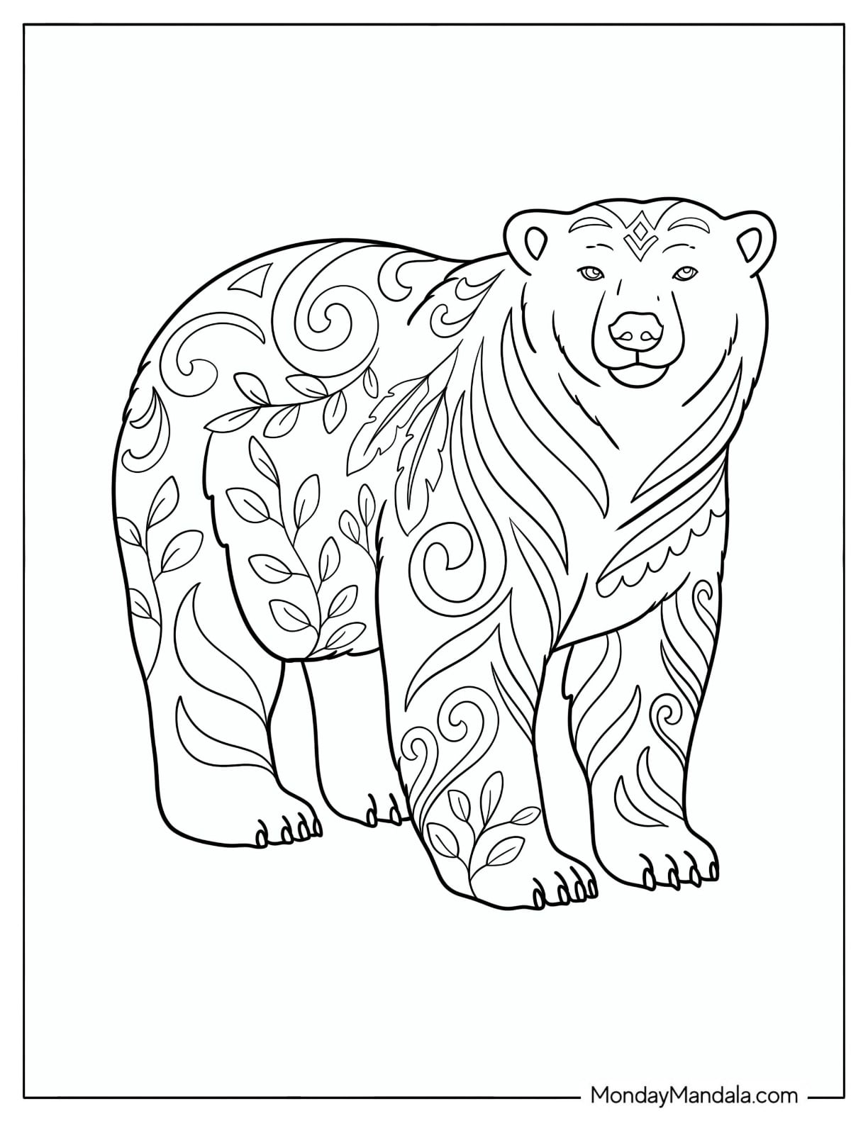 Pretty Polar Bear with Nature Patterns Coloring Page