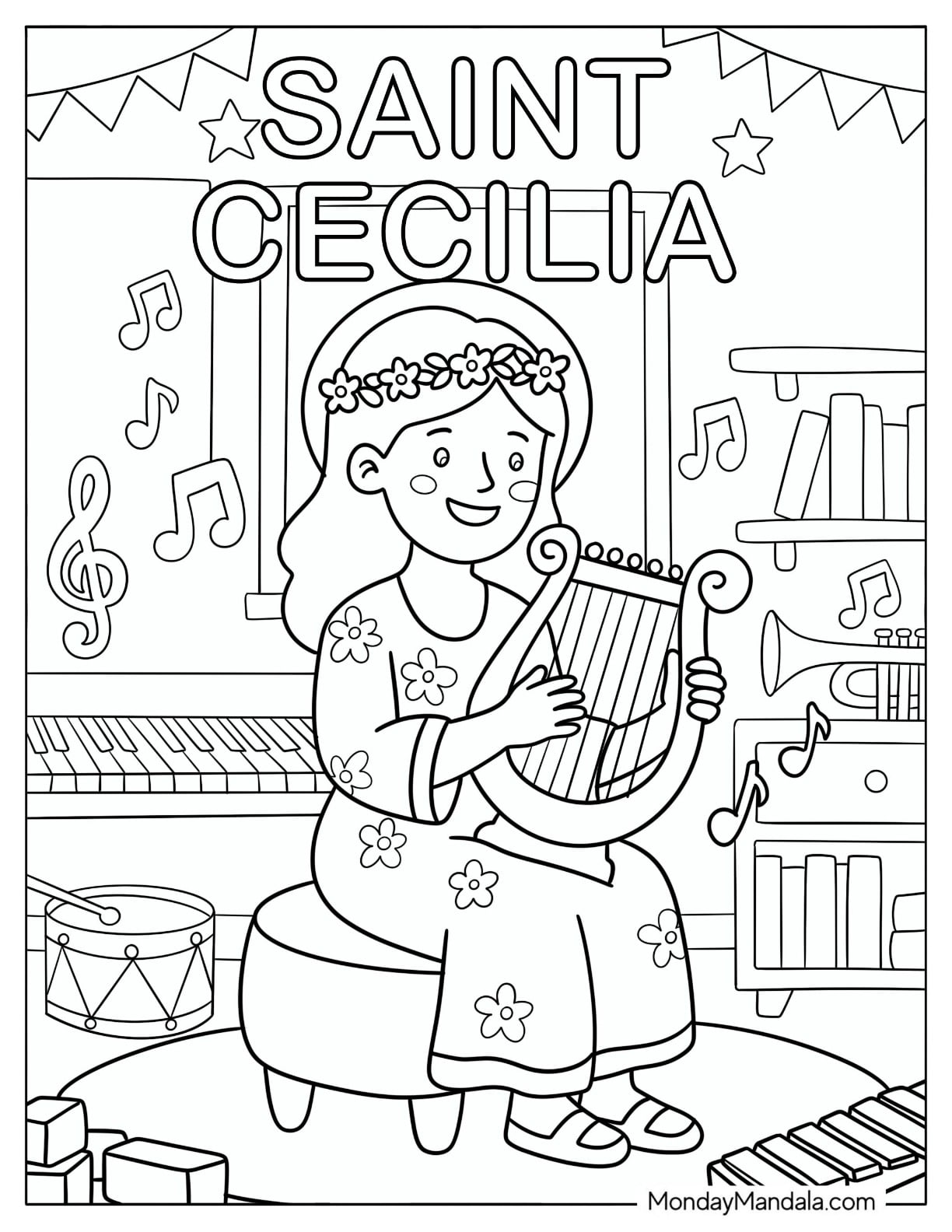 Pretty Saint Coloring Page of Cecilia Playing the Harp for Preschoolers
