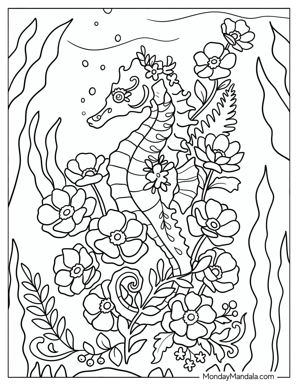 Pretty Seahorse Covered in Flowers Coloring Sheet