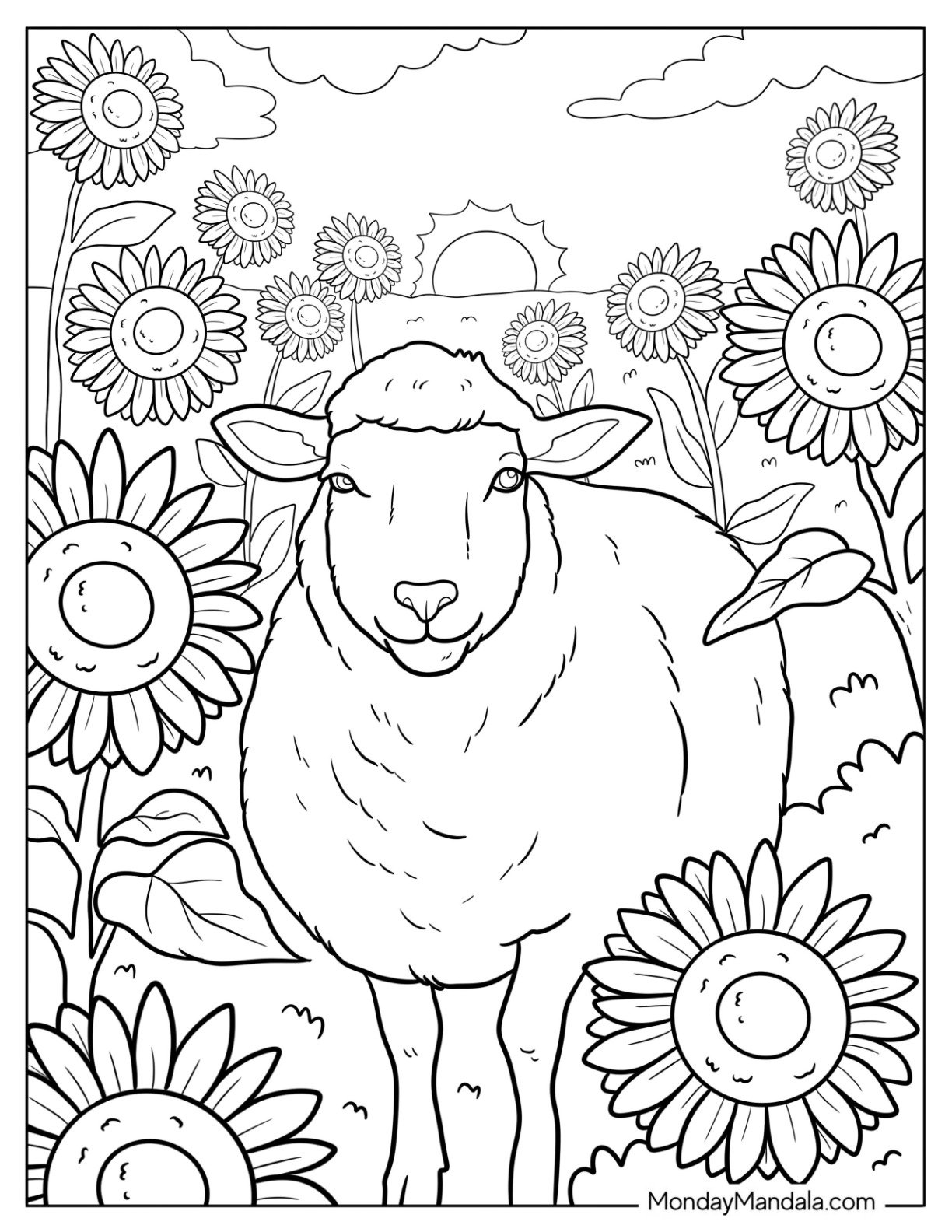 Pretty Sheep Coloring Page Standing in a Sunny Sunflower Field