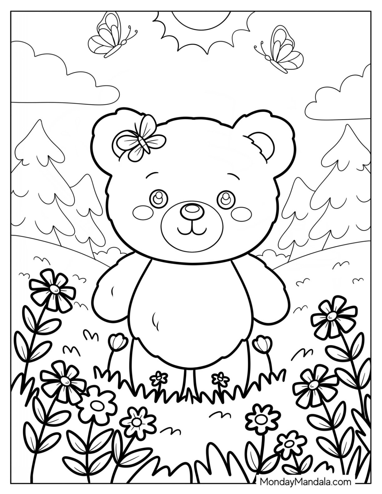 Pretty Teddy Bear Coloring Page in a Sunny Meadow with Butterflies for Kids