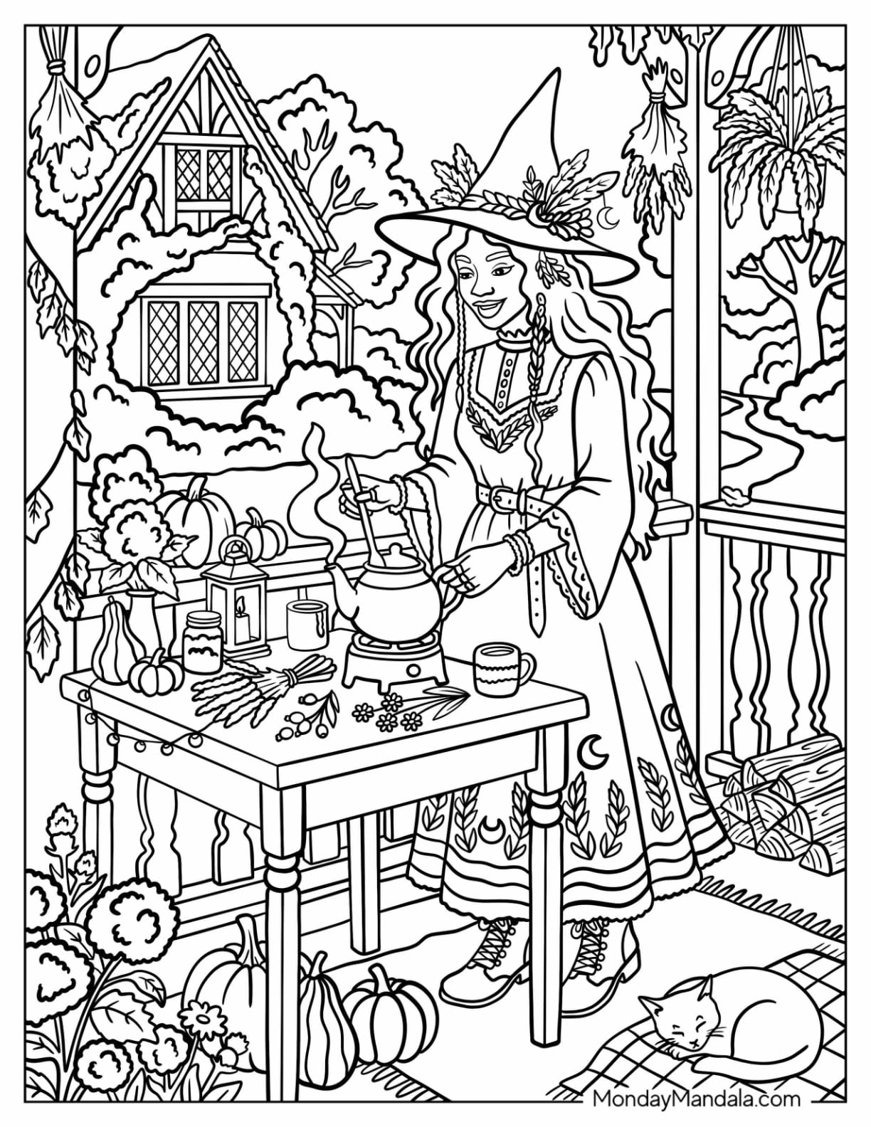 Pretty Witch Stirring a Pot in Her Garden