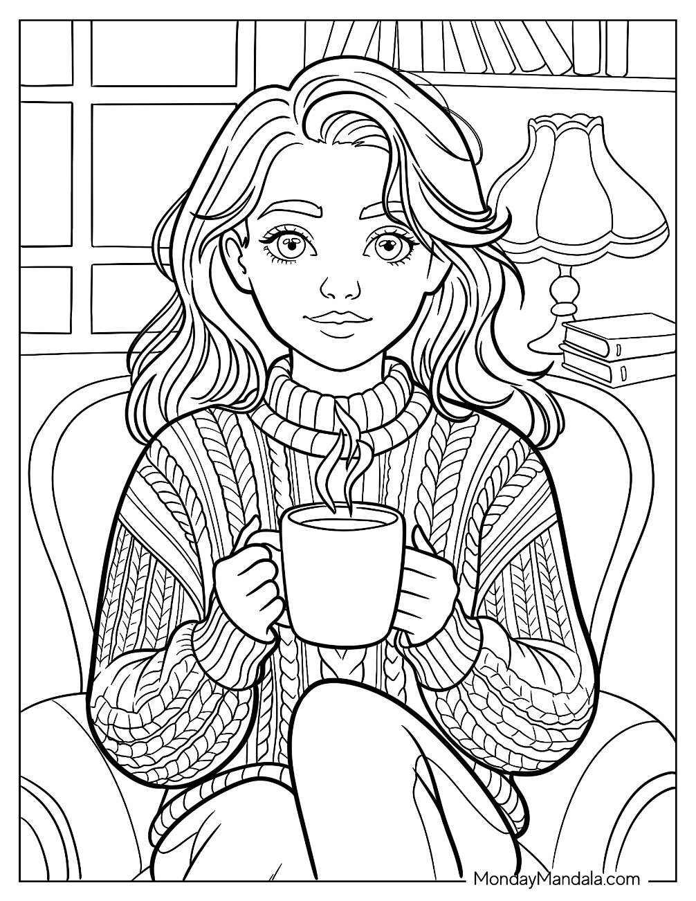 People Coloring Page of Pretty Woman In A Sweater Holding A Hot Cup Of Coffee
