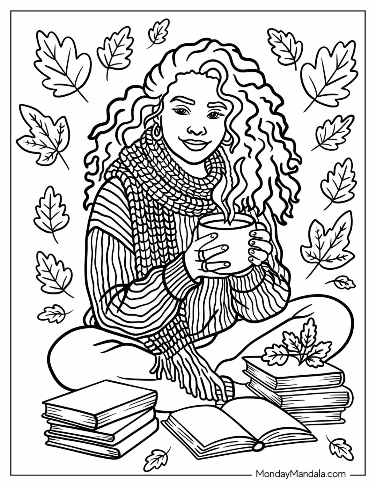 Autumn & Fall Coloring Page for Adults of Pretty Woman in Scarf Holding Mug with Books and Falling Leaves