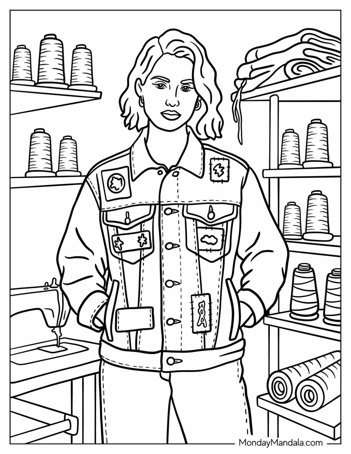 Pretty Woman in Trendy Denim Jacket with Bold Patchwork Fashion Coloring Page