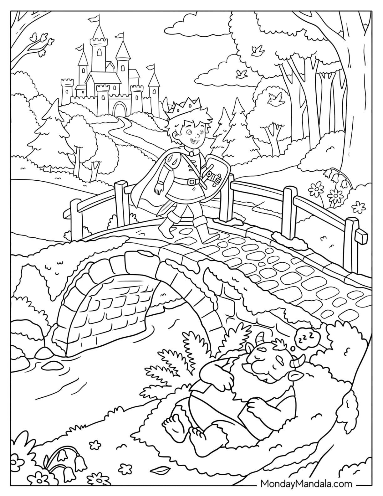 Prince Crossing a Bridge Over a Sleeping Troll Coloring Sheet