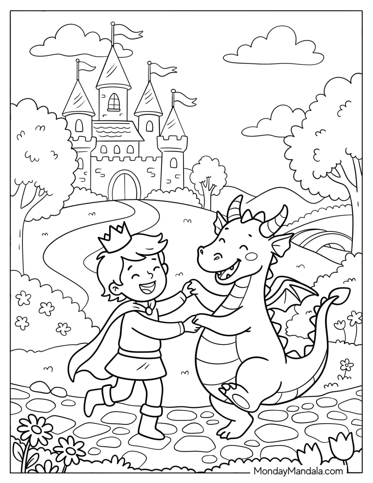 Prince Dancing with a Friendly Dragon Outside a Castle Coloring Page