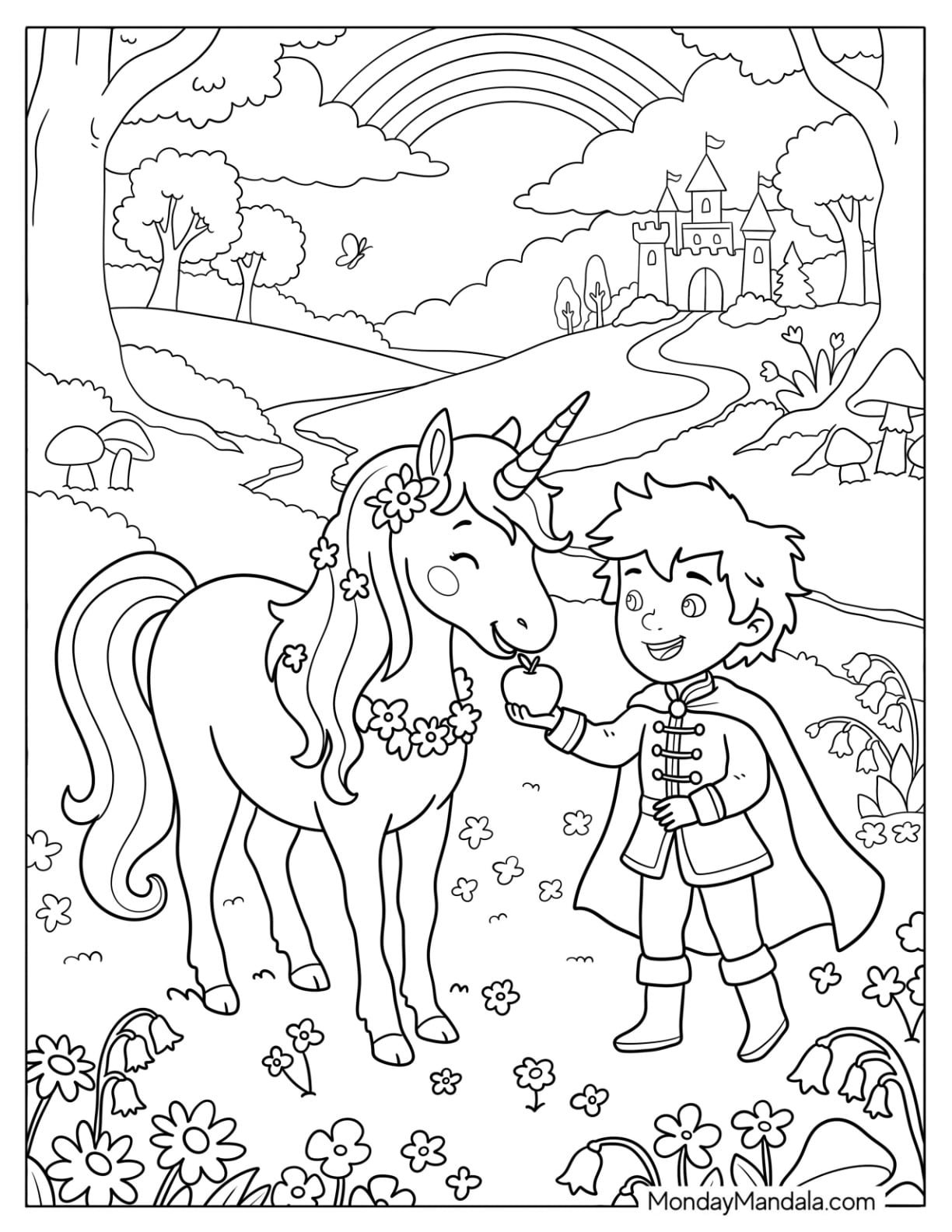Prince Feeding an Apple to a Unicorn Coloring Sheet
