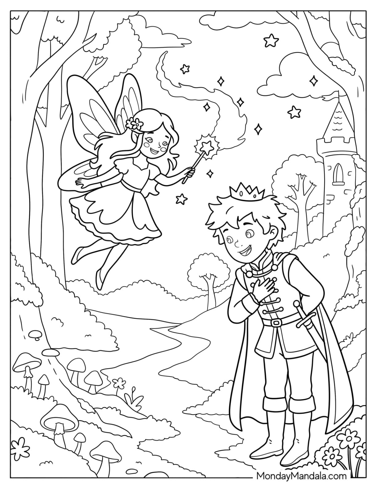 Prince Meeting a Fairy in an Enchanted Forest Coloring Page for Kids