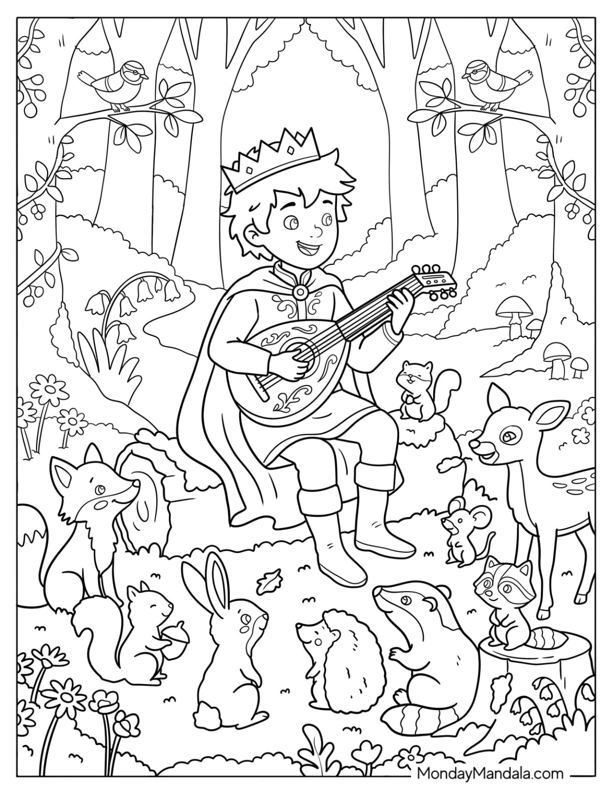 Prince Playing Music for Forest Animals Coloring Page