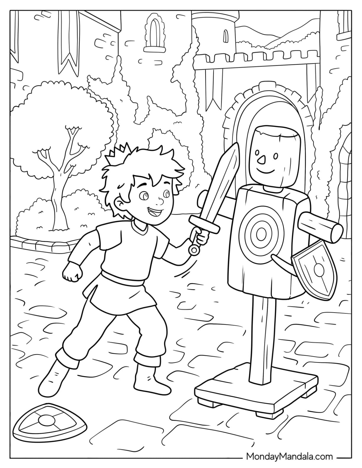 Prince Practicing Sword Fighting with a Training Dummy