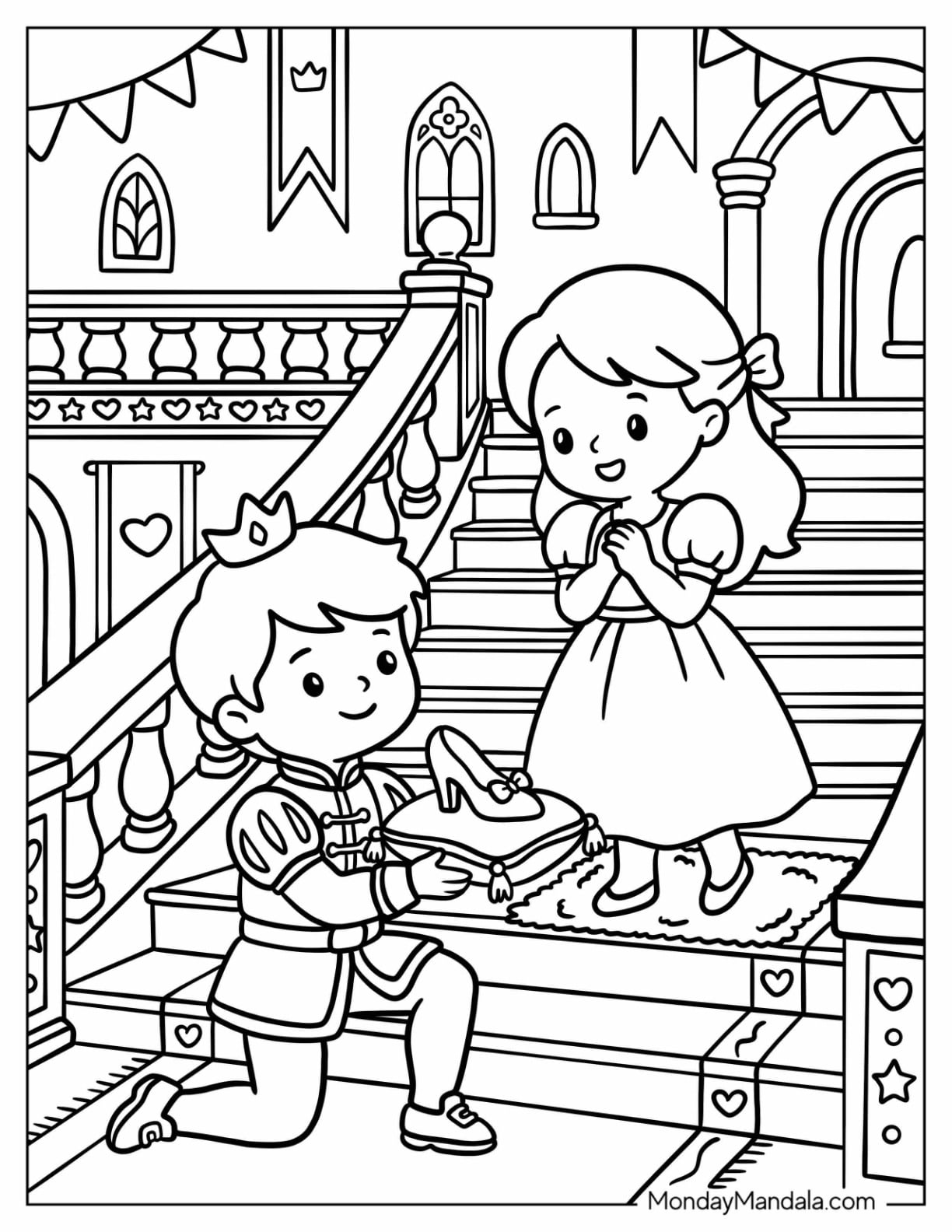 Prince Returning Cinderella’s Glass Slipper on the Palace Stairs Coloring Page for Kids