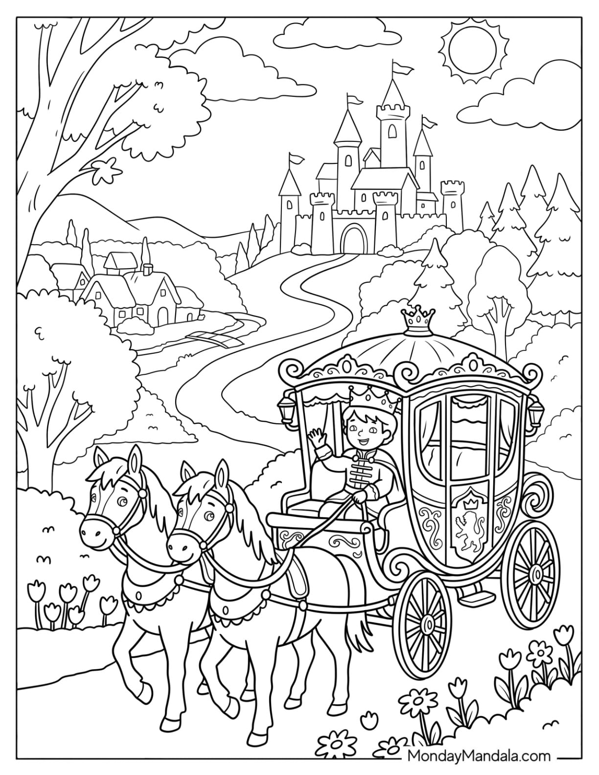 Prince Riding in a Horse Drawn Carriage from the Castle Coloring Page