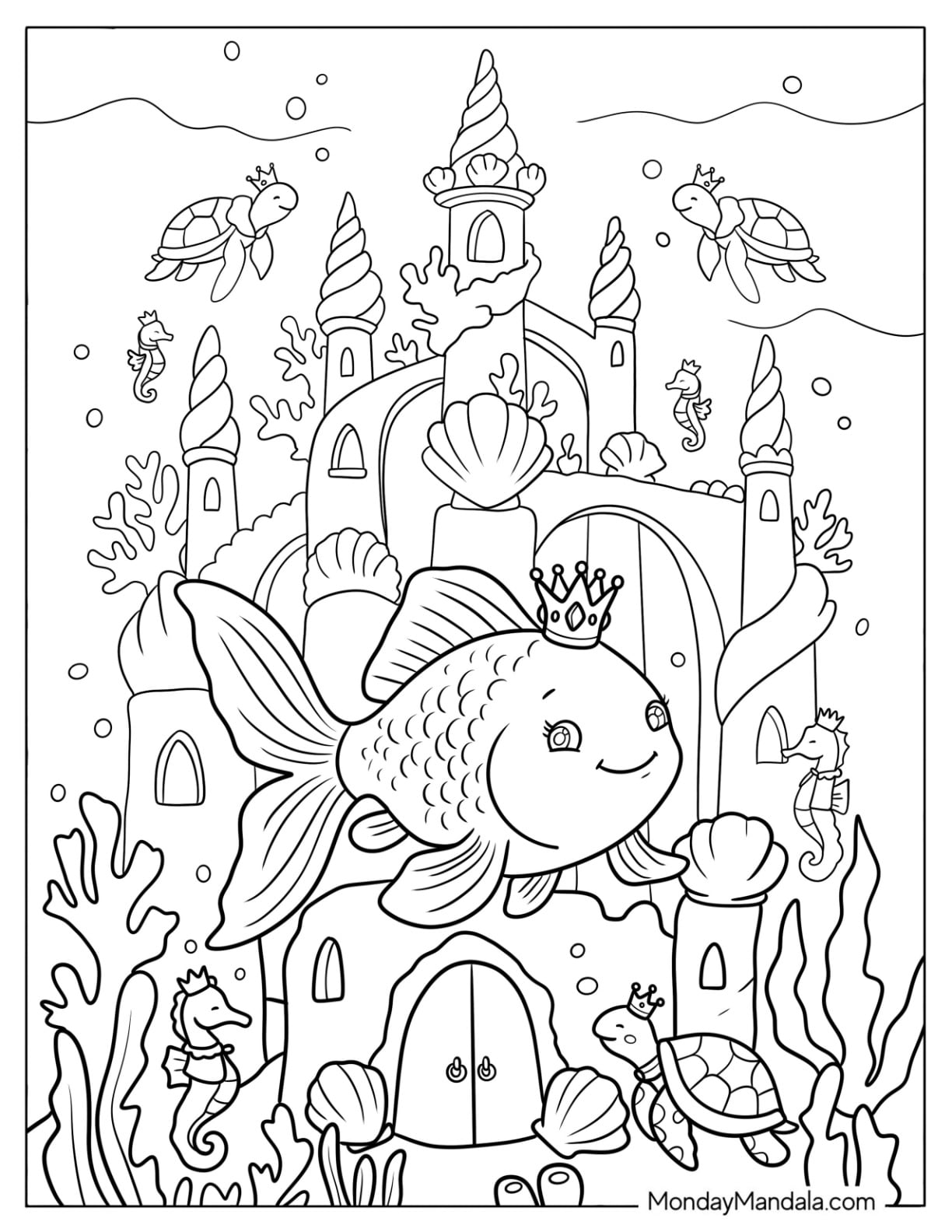 Princess Goldfish Coloring Page in Front of Majestic Castle