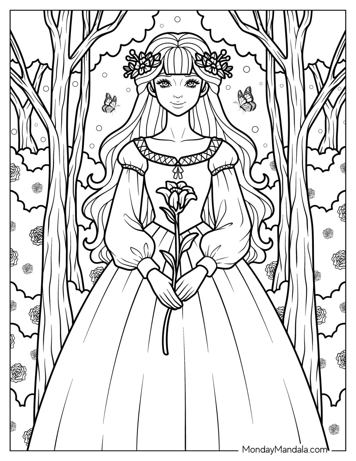 Princess Coloring Page Holding Lily with Flower Crown in Forest