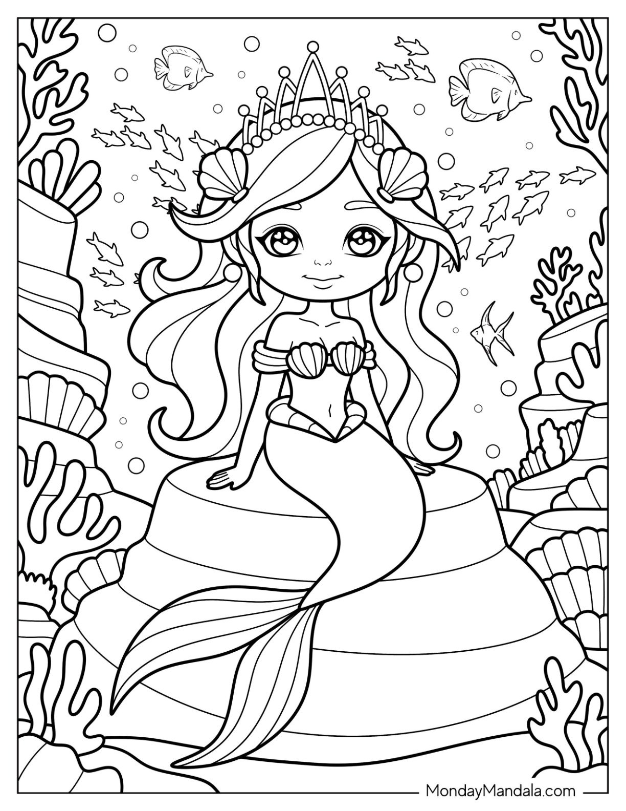 Princess Mermaid Coloring Page with Pearl Crown Sitting on a Coral for Kids