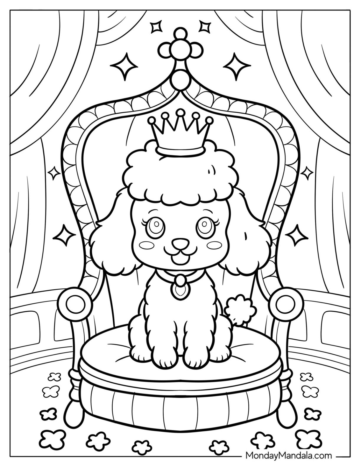 Princess Poodle Coloring Page Wearing a Crown in a Sparkling Palace