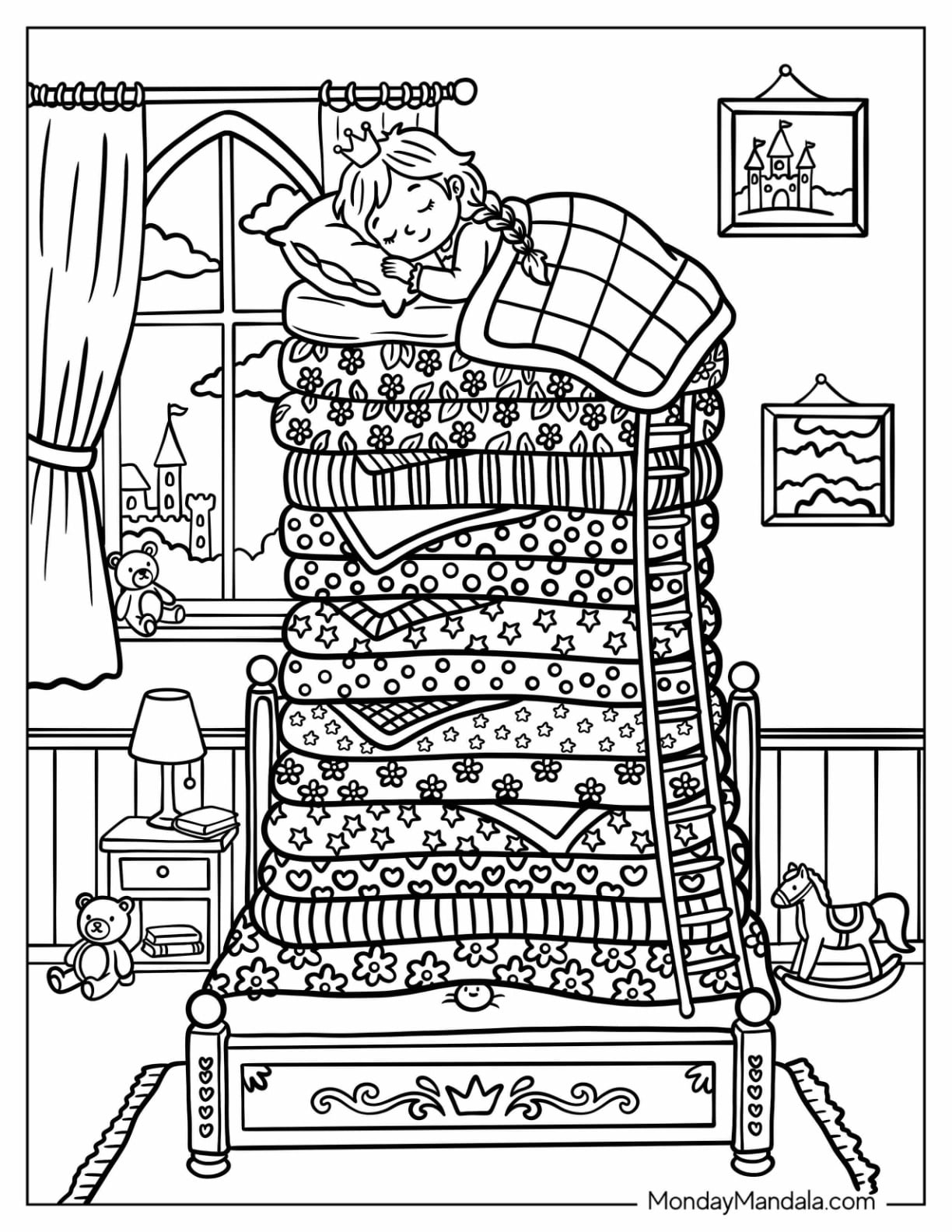 Princess Sleeping atop a Tower of Mattresses Coloring Page