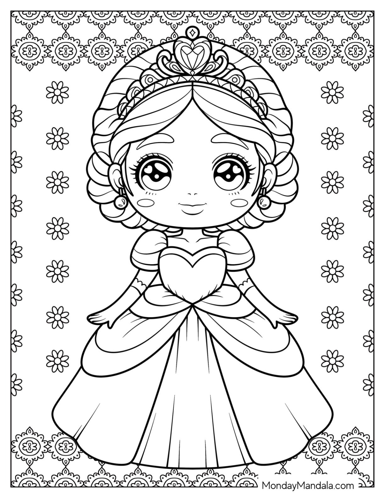 Princess Coloring Page Standing Tall in Royal Gown for Kids