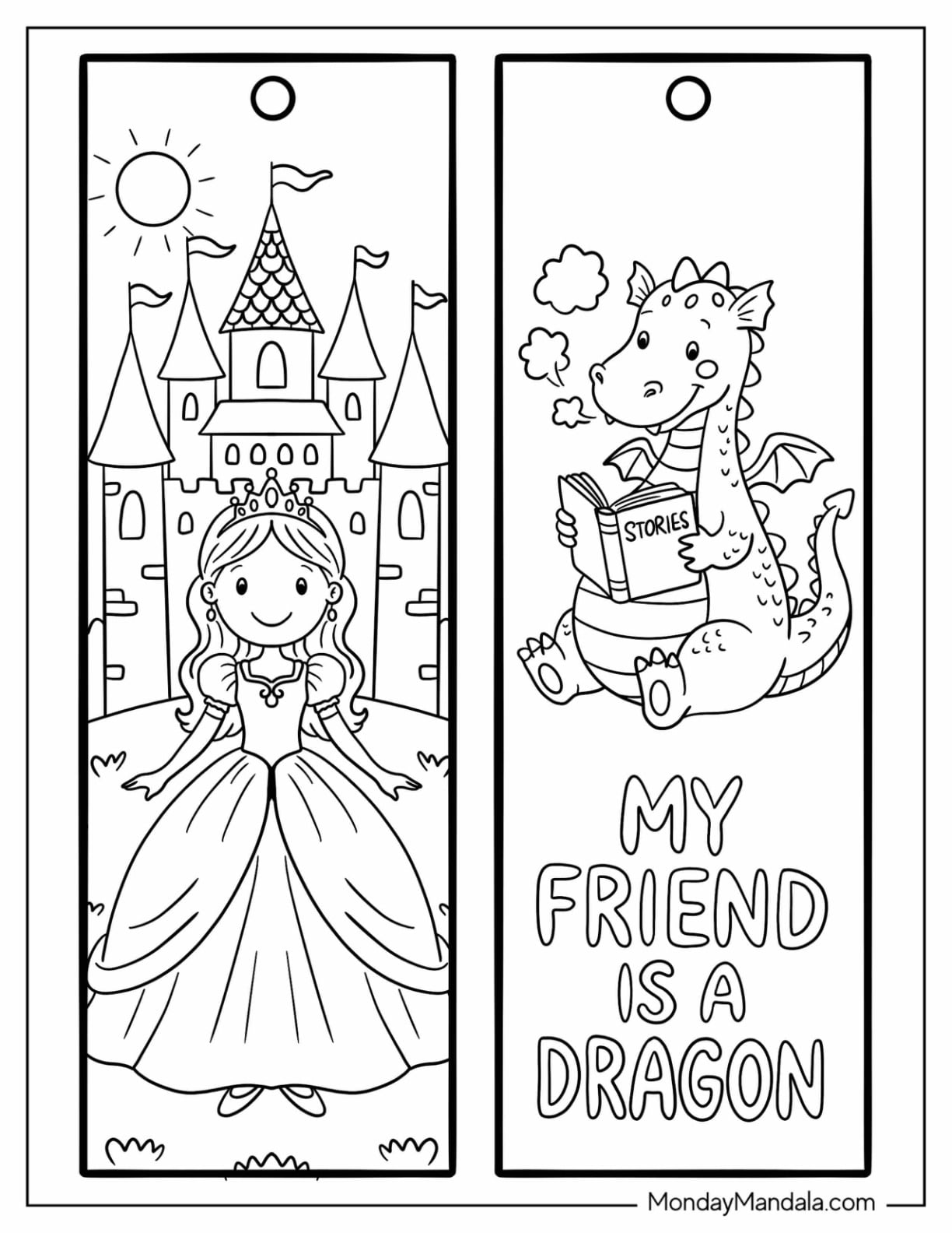 Princess by a Castle and Dragon Reading Stories Bookmark Coloring Page for Kids