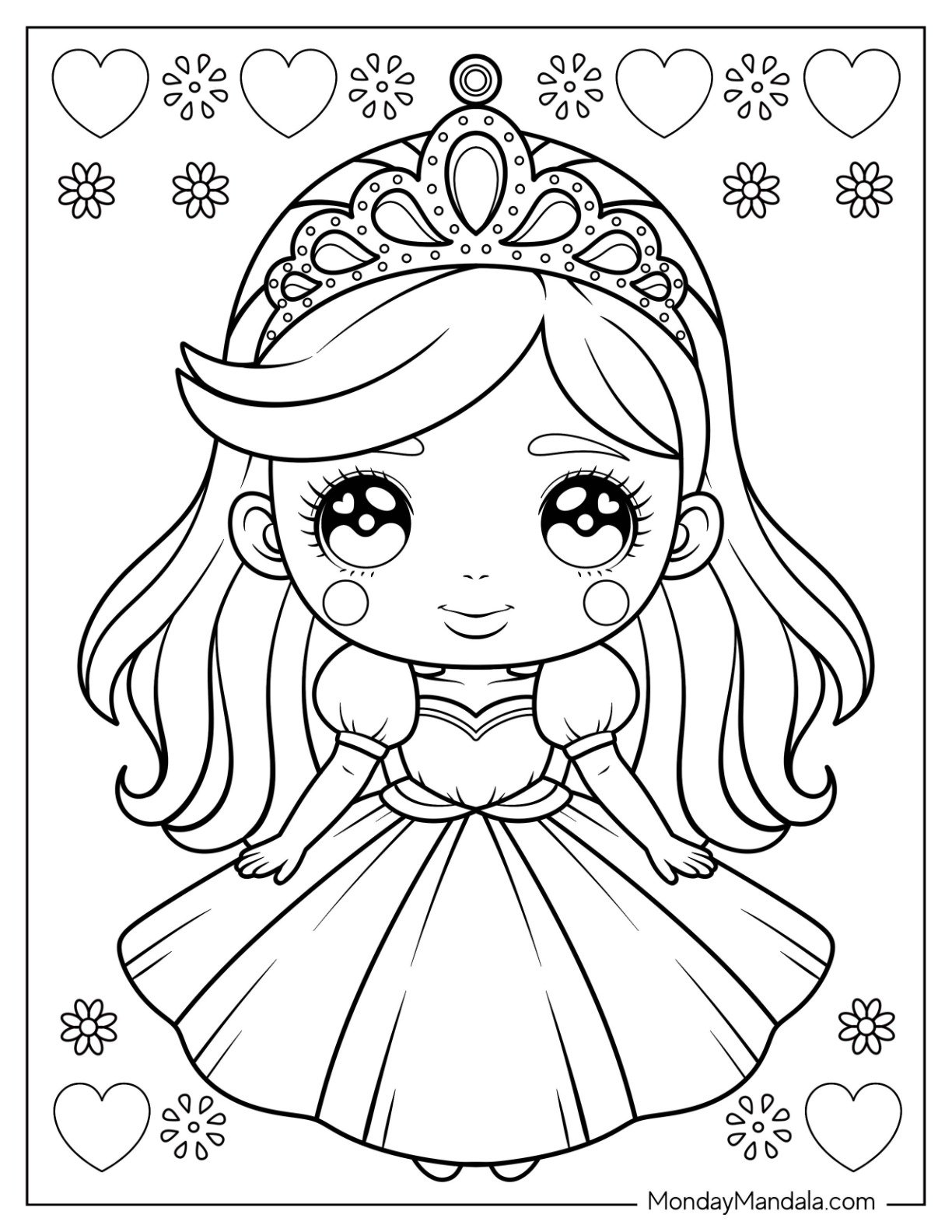 Princess Coloring Page with Big Eyes and Royal Crown Surrounded by Hearts