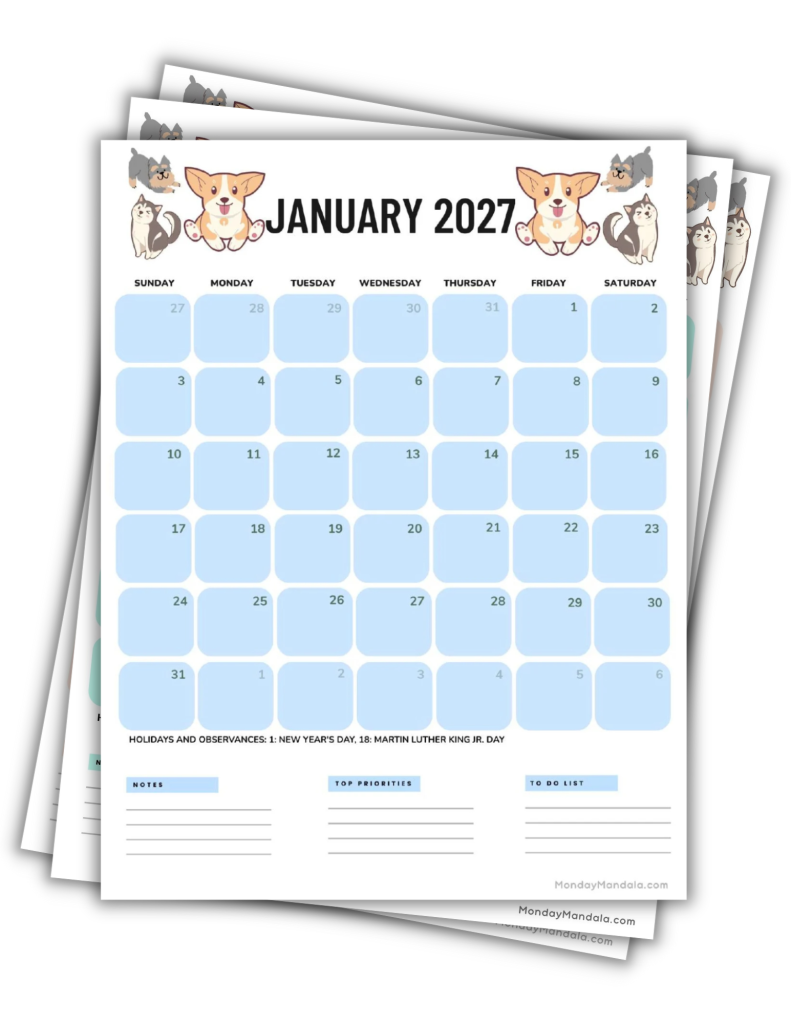 Printable 2027 Calendars Landscape Dog