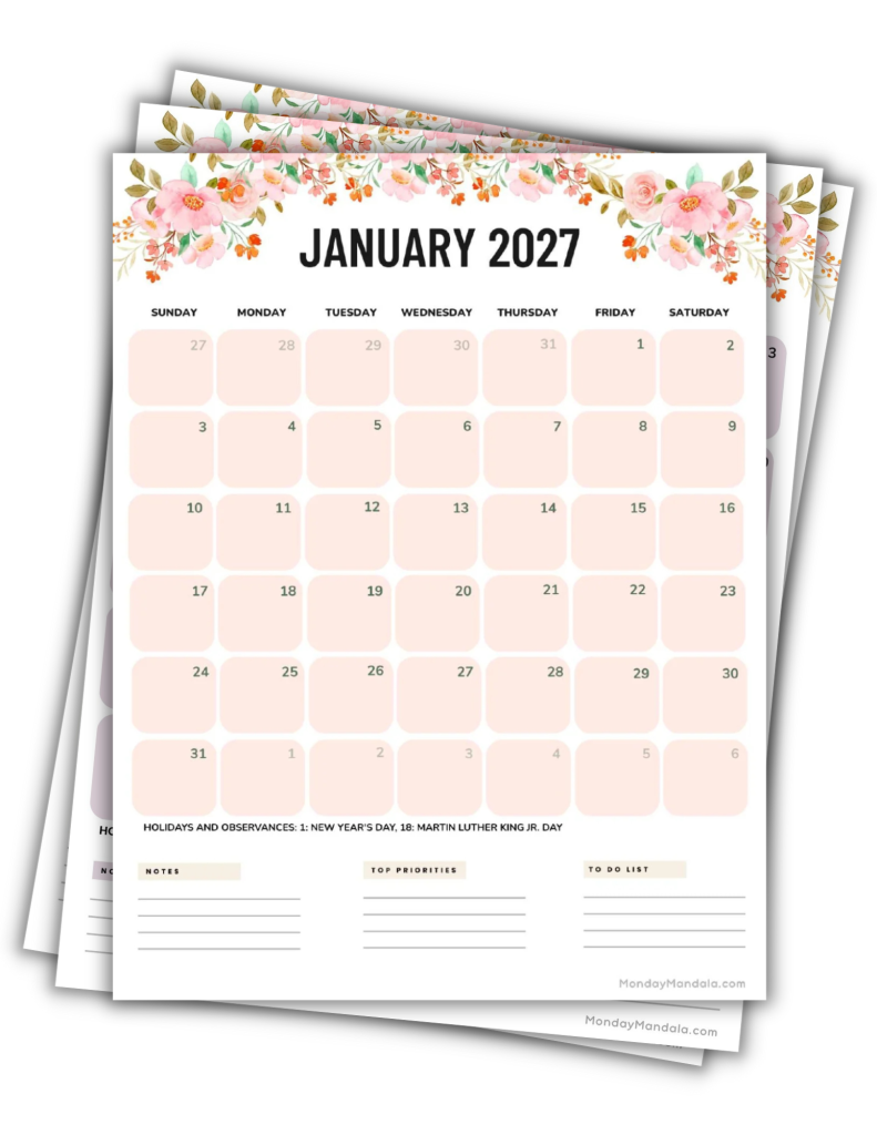 Printable 2027 Calendars Landscape Flowers