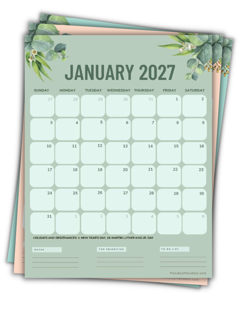 Printable 2027 Calendars Portrait Green