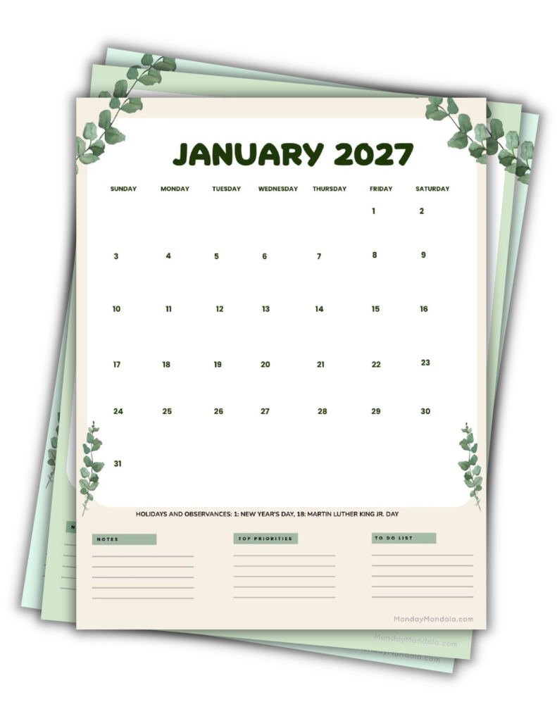 Printable 2027 Calendars Landscape Leaves