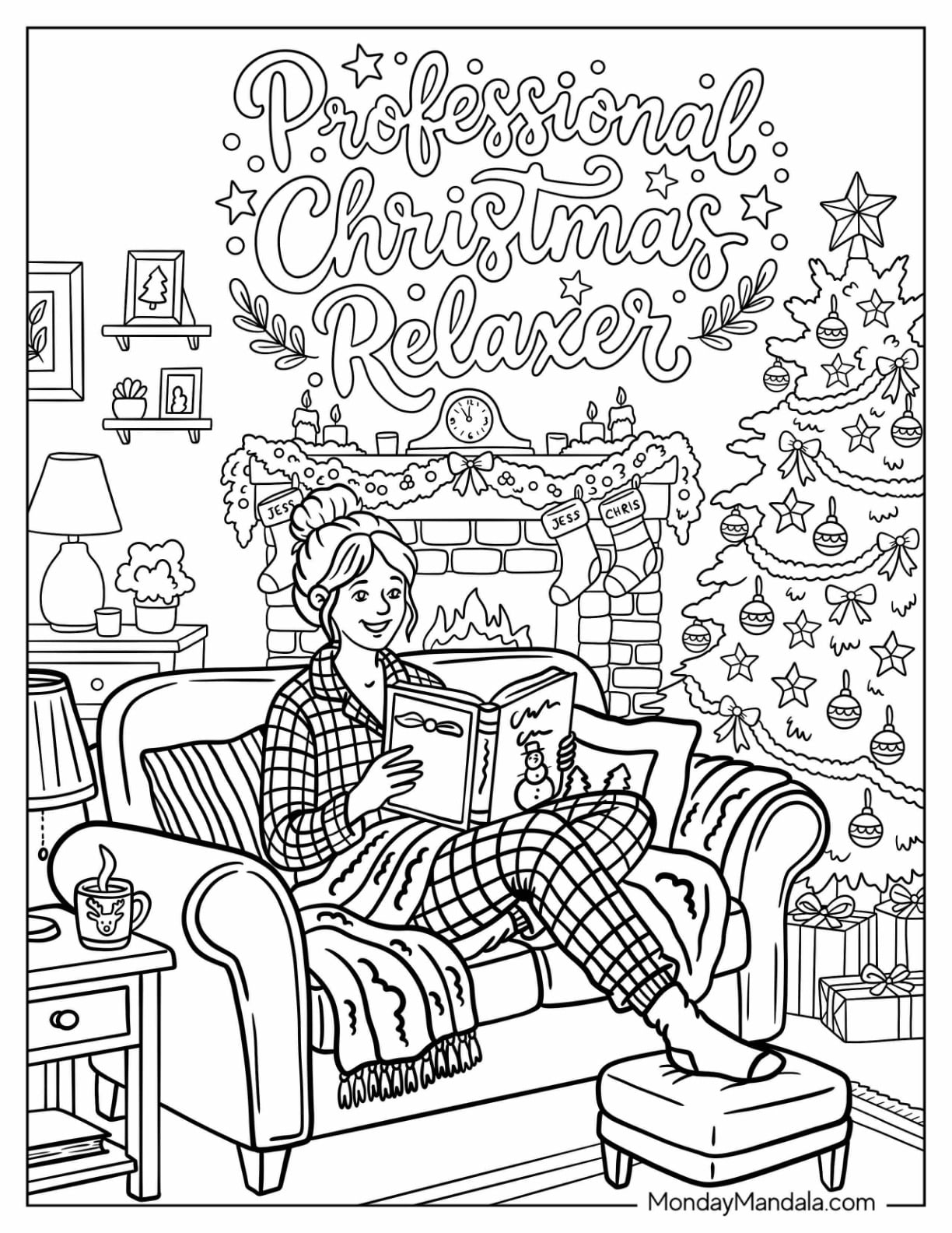 Professional Christmas Relaxer Reading a Book by the Fireplace Christmas for Adults Coloring Sheet