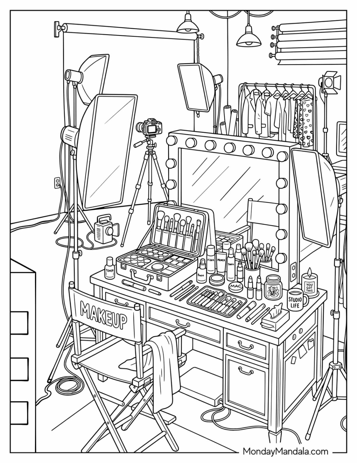 Professional Makeup Studio with Vanity, Cosmetics, and Lighting Coloring Page