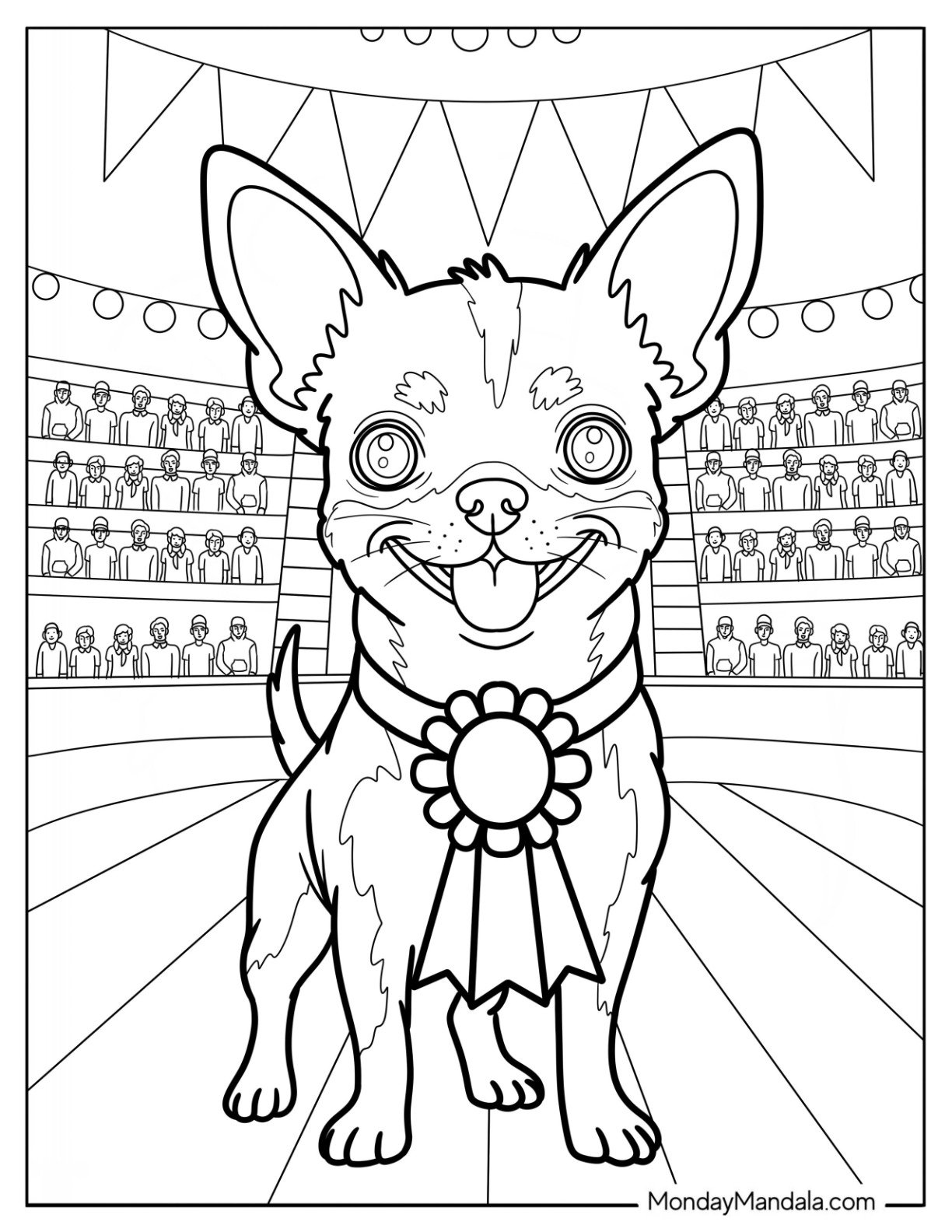 Proud Chihuahua Coloring Page in a Stadium Wearing a Ribbon