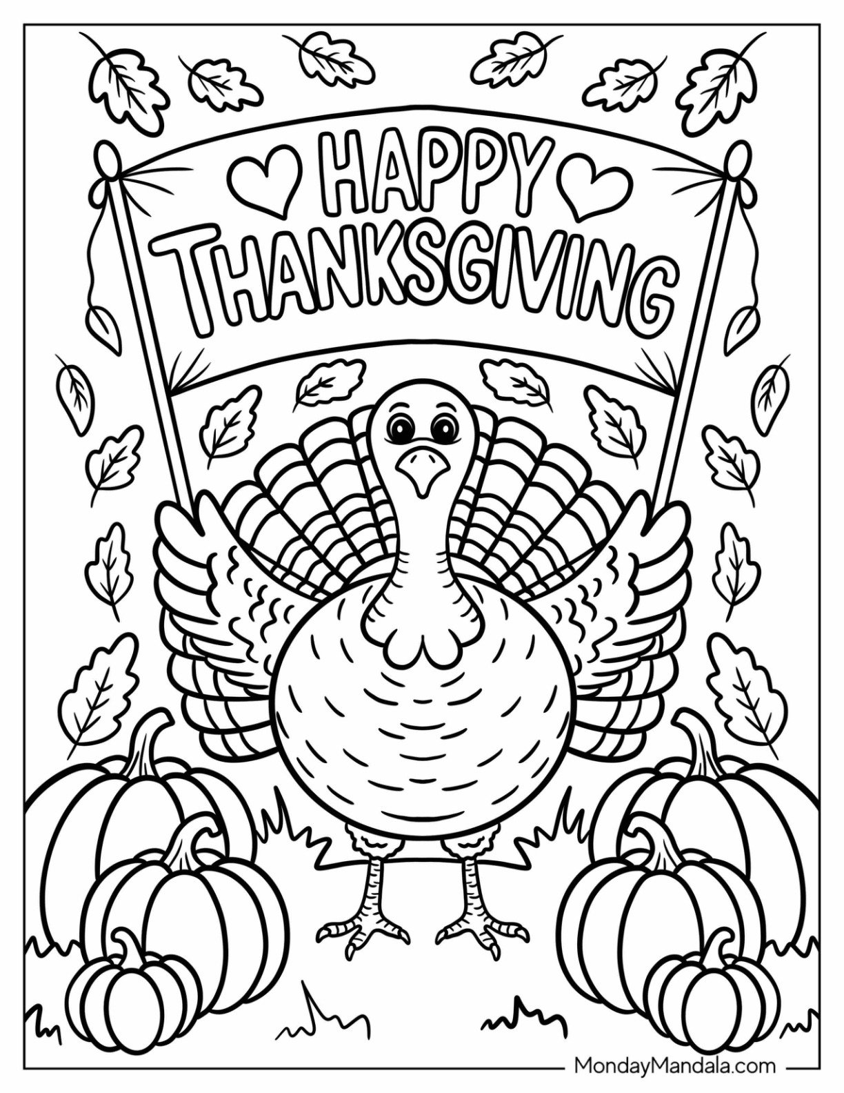 Proud Thanksgiving Coloring Page Turkey with Banner and Pumpkins