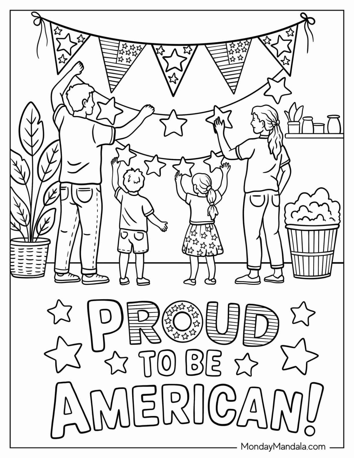 4th of July Coloring Page Proud to be American Text with Family Hanging Up Banners for Kids