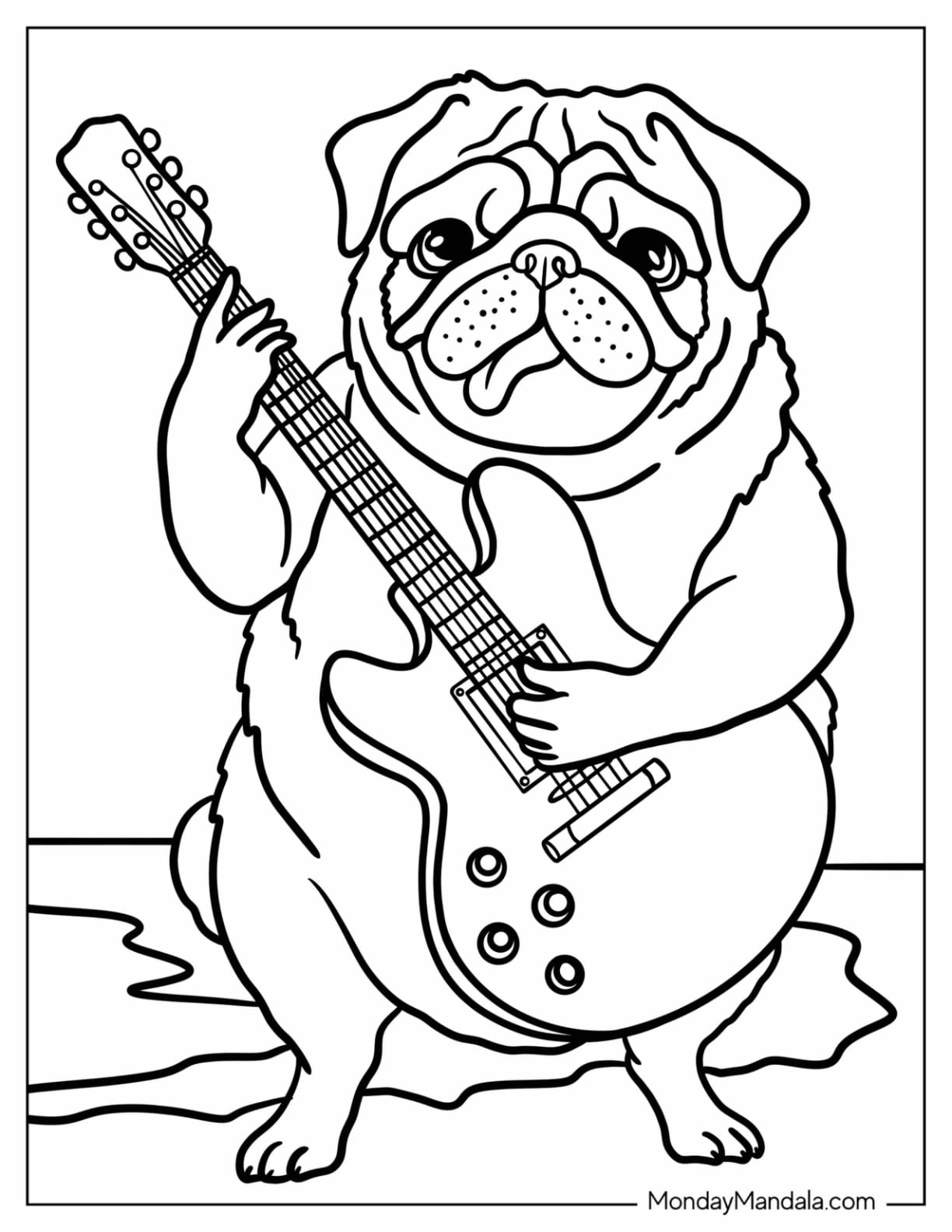 Pug Playing Electric Guitar Coloring Page for Kids
