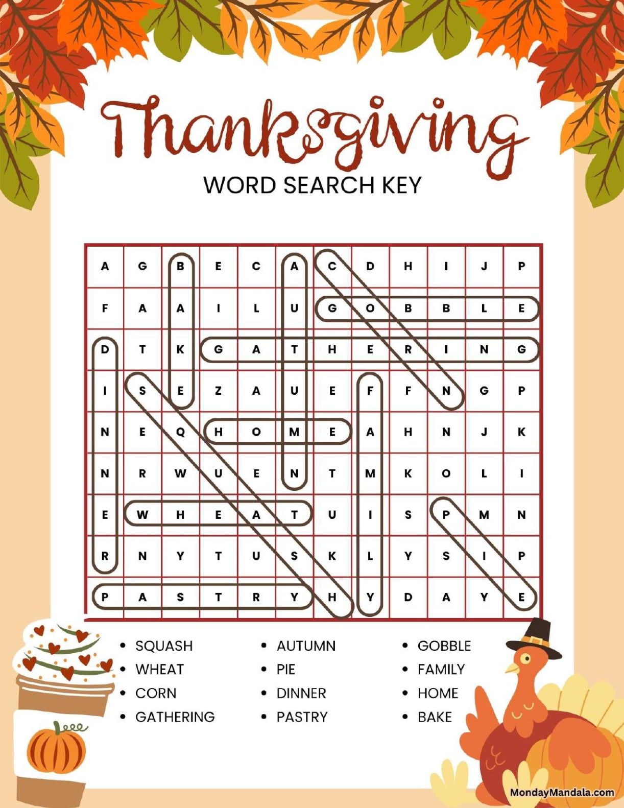 Pumpkin Spice Thanksgiving Word Search Answer Key