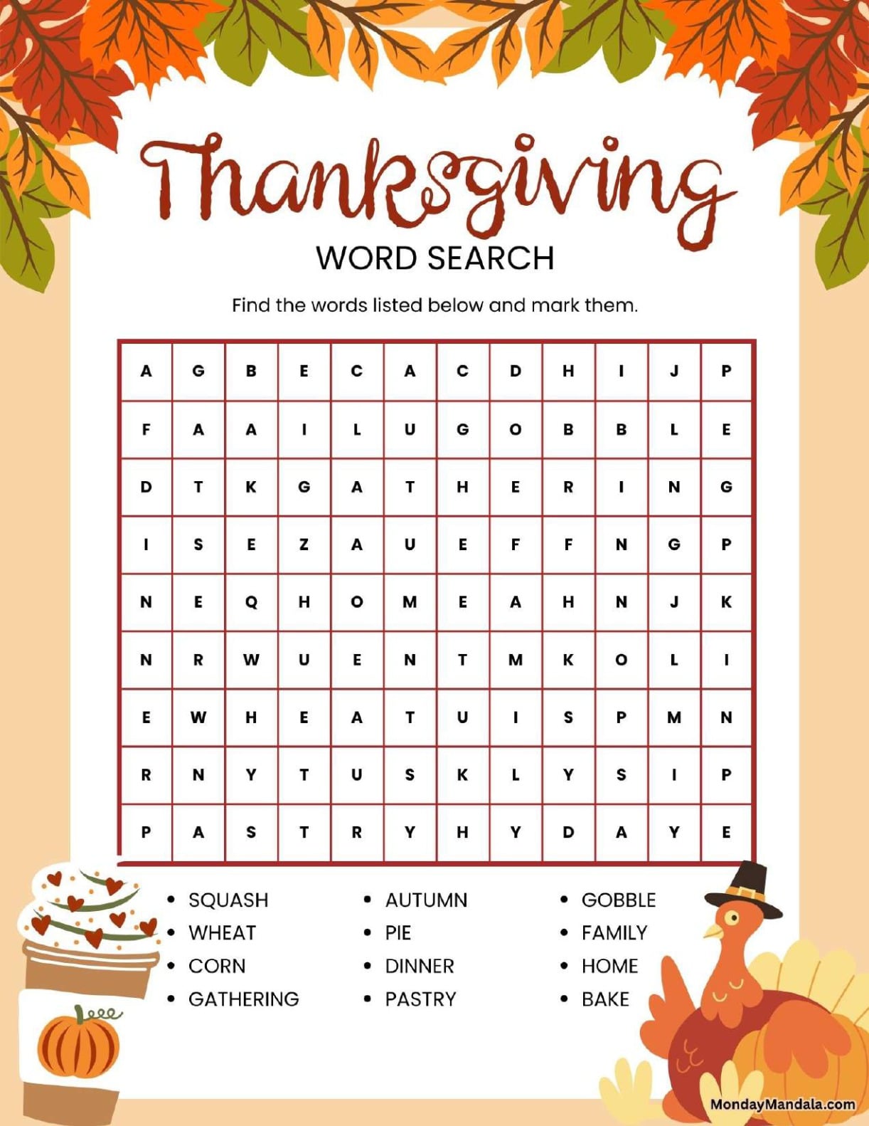 Pumpkin Spice Thanksgiving Word Search