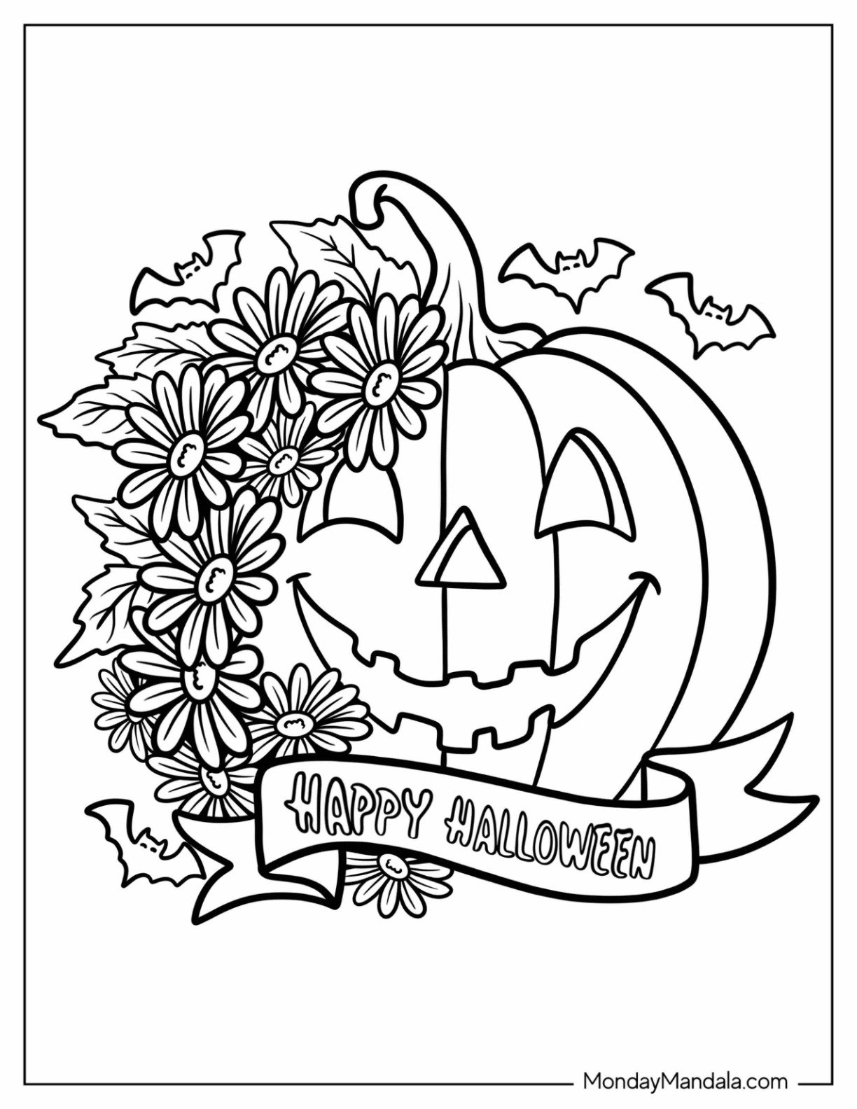 Halloween Coloring Page for Adults of Pumpkin Surrounded by Daisies with Happy Halloween Banner