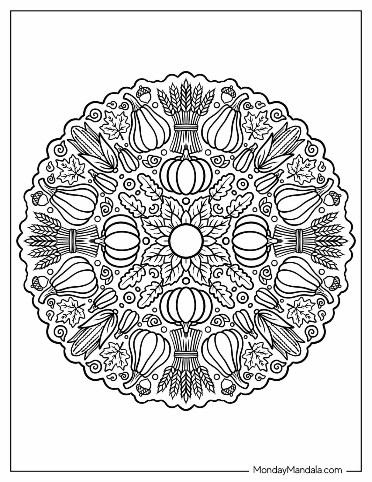 Pumpkin, Wheat, and Acorn Halloween Mandala Coloring Sheet