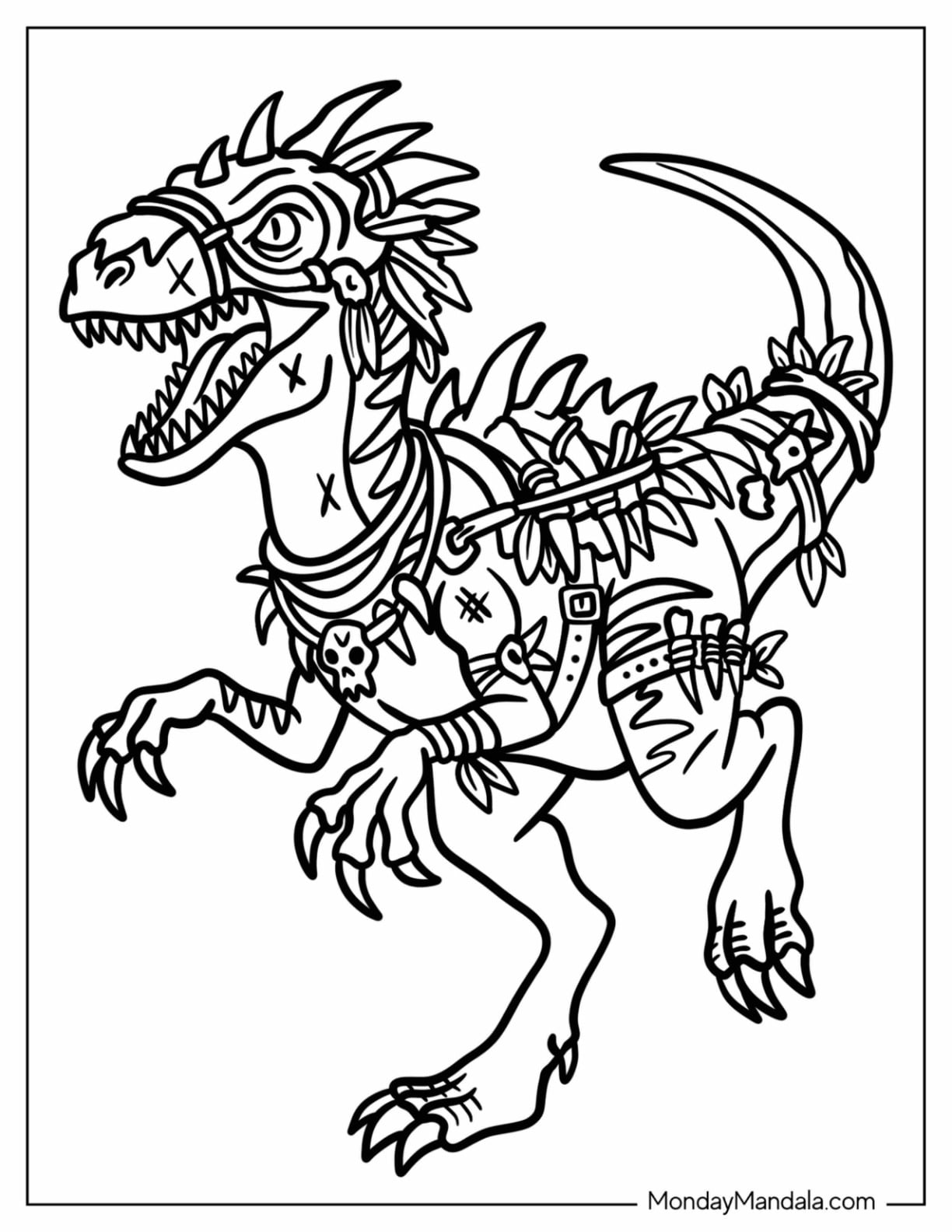 Punk Velociraptor with Spiked Gear Coloring Page