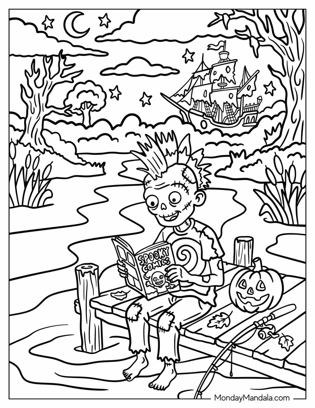Punk Zombie Reading Comics While Fishing Coloring Sheet