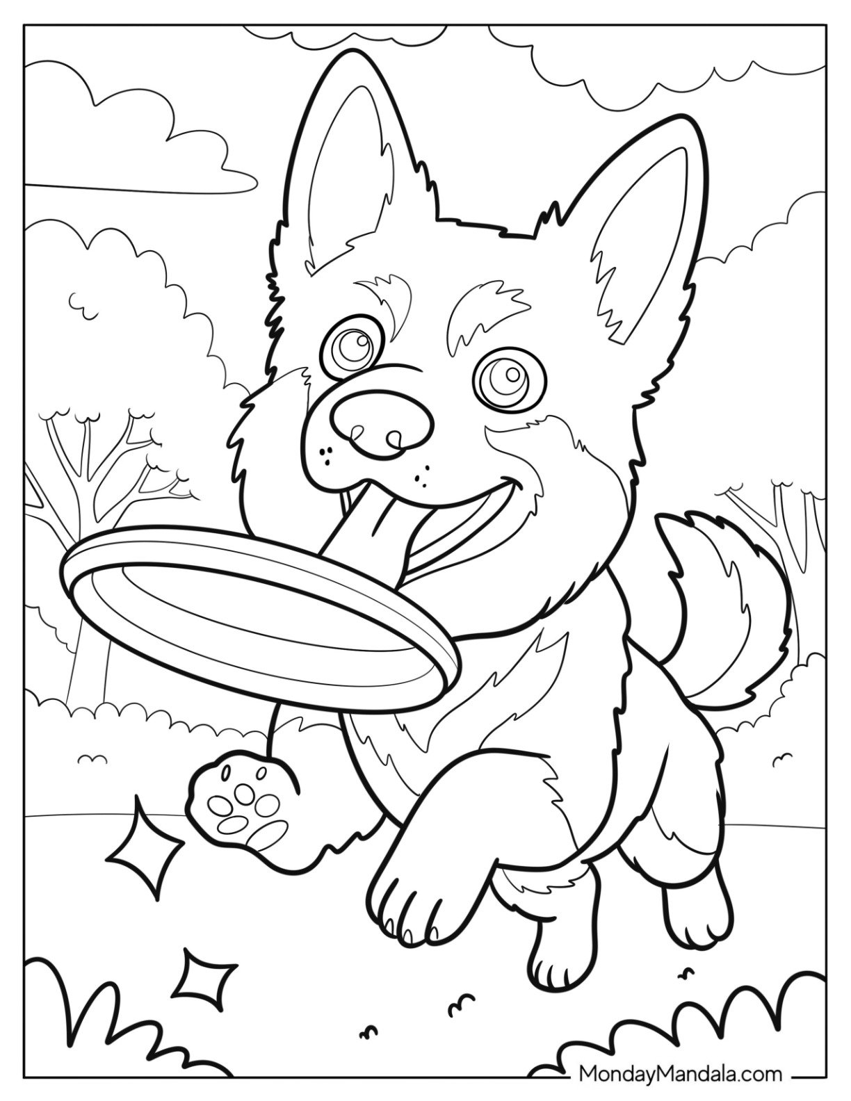 Puppy German Shepherd Coloring Page Chasing a Frisbee for Kids
