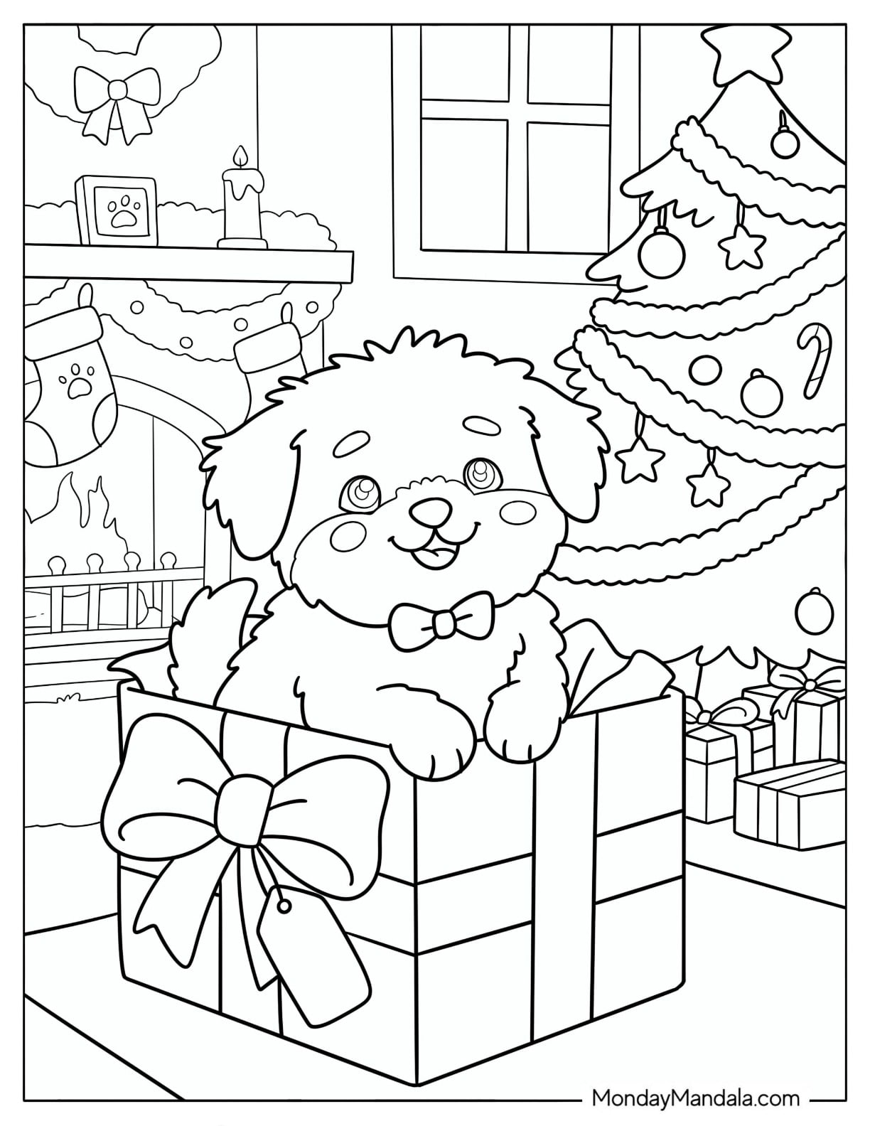 Puppy Popping Out of a Christmas Present by the Tree Coloring Sheet for Kids